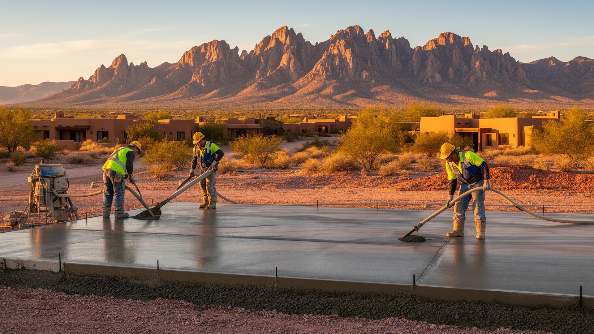 Concrete contractors pouring driveway with Organ Mountains in background, Las Cruces NM